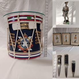 MaxSold Auction: This online auction features items such as Military Drums, Vintage silver bugles, Vintage military prints, Military plaques, Bronze statuettes, Sketches, Helmet badges, Rank badges, Military boot spurs and much more!