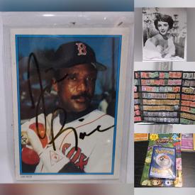 MaxSold Auction: This online auction features a Jim Rice card, vintage baseball and hockey cards, Pokemon cards, Star Wars items, collectible coins, glassware, accessories, vintage glass front clock, 1995 Lion King lithograph, records, children\'s books, stamps, history books, cookbooks, vintage Elizabeth Taylor photo, vintage comics, WWE figures, Maisto Harley Davidson figures, vintage lucky savings bank, Barbie, wall art, Funko pops and much more!