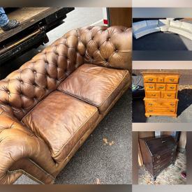 MaxSold Auction: This online auction features contents of POD storage unit including leather loveseat, sectional, armchairs, wooden armoire, vintage cupboard, secretary desk, area rug, headboard and much more!