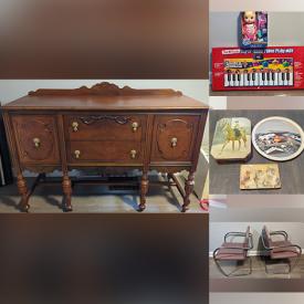 MaxSold Auction: This online auction features antique buffet, Villery & Boch dinnerware, girl\'s clothing, toys, play kitchen, vinyl records, DVDs, vintage school desk, power washers, garden lights, vintage tins, pet products, retro chairs and much more!