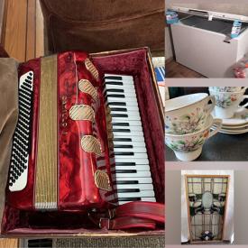 MaxSold Auction: This online auction features accordion, hand cut chandelier, decorative plates, decanter, native baskets, wooden block stamps, MCM furniture, sofa bed, women’s clothing & shoes, wine bottling tools, chest freezer, garden tools, antique leaded stained glass, and much more!