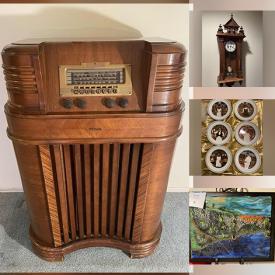 MaxSold Auction: This online auction features antique radio, grandfather clock, sofa, MCM decor, books, framed artwork, antique American clock, signed artwork, games,  Kenmore mini fridge and freezer, dinnerware, baking and cookware, crystal and glass serve ware, vintage china dishes, collector plates, Mikasa plates, salt & pepper shaker collection, linens, art museum gallery prints, lithograph, neckties, clothing, travel accessories, tools, garden & pest control, planters, yard supplies, vintage Platzgraff ceramic kitchenware, vintage silver-plated flatware, kitchen appliances, copperware, vintage wooden bookcase, Christmas decor, camera,  projection screen, framed prints, cleaning supplies, tables and chair, cassettes, VHS, DVDs, CDs costume jewelry, candle holder, fireplace tools, posters, serving dishes, stationary items and much more.