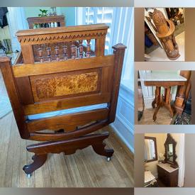 MaxSold Auction: This online auction features leather recliner, antique marble top tables, antique newel post, small kitchen appliances, blue glass bottles, vintage Bernhardt sofa, fabric, steamer, and many more!!!