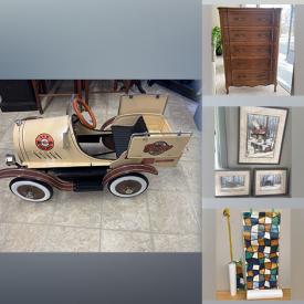 MaxSold Auction: This online auction features furniture such as a settee, fan-back chair, French Provincial dresser, flip-top table and others, metal toy car, glassware, vases, vanity box, seasonal decor, canisters, lamps, lamp parts, wall art, hammock, hardware, fabric samples, brackets, electronics and much more!