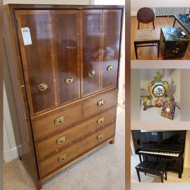 MaxSold Auction: This online auction features furniture such as a recliner La-Z-Boy sofa, dressers, tables, vintage sewing cabinet, Baronet desk, desks, outdoor chairs, bookcase, storage cabinet, storage bench, wicker chair, shelving units, carved turtle table, dining table and others, rugs, wall sconces, chandelier, figurines, household supplies, kitchenware, small kitchen appliances, French handpainted dishes, books, camping supplies, hardware, tools, seasonal decor, linens, dehumidifiers, bicycle and much more!