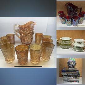 MaxSold Auction: This online auction features Fenton glass, carnival glass, vintage Corningware, vintage Pyrex, milk glass, vintage Hens On Nests, comics, puzzles, video games, Legos, vintage irons, Hummels, collector plates, cookie jars, beer steins, studio pottery, grandfather clocks, glass lamp shade, vintage lamps, lawnmower, snow thrower, golf clubs, kids bike and much more!