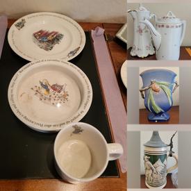 MaxSold Auction: This online auction features collectors plates, teacup/saucer sets, sewing machine, porcelain figures, Roseviĺle vases, beer stein, buffet table, crystal bowl, area rug and much more!