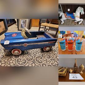 MaxSold Auction: This online auction features vintage pedal car, carousel horse, vintage postcards, vintage advertisements, original paintings, fine china, furniture such as antique rocking chair, end tables, crockery, small kitchen appliances, antique oil lamps, vinyl LP records and much more!