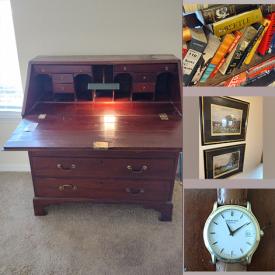 MaxSold Auction: This online auction features items such as an Antique desk, Vintage leather seats, Books, Wall art, a Vintage copper planter, a Live plant, a Vintage clock, a Watch, Decor, Lamps and much more!