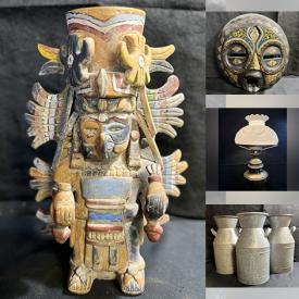 MaxSold Auction: This online auction features a Mayan sculpture, Aztec plaques, vintage Fenton, glassware, vintage Baia movie editing equipment, vintage rotary phone, binoculars, Princess House dishware, signed clay vases, masks, crystalware, lacquerware, Tunisie wall art, Coleman jugs, vintage graniteware, glass carboys, wall art, prints, wicker console table, vintage mirror, West Point blanket, jewelry, stones, Artura vases and much more!