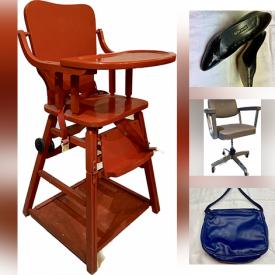 MaxSold Auction: This online auction features vintage highchair, antique mahogany side chairs, vintage wicker chest, cross-country skis & poles, vintage luggage, vintage board games, vintage model kits, vintage handbags and much more!