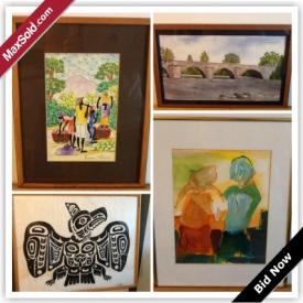 MaxSold Auction: This online auction features original art. Signed oil on canvas, oil on board, prints, a silkscreen, lithographs, an embossed screen print, a pastel, watercolours, a colored photo, vintage pine-up art and some antiques and much more!