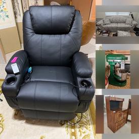 MaxSold Auction: This online auction features 60” LG TV, furniture such as end tables, recliners, loveseat, dining table and chairs, and Drexel chest, area rugs, books, home decor, lamps, glassware, small kitchen appliances, building materials, power tools,  CDs, DVDs, movie projectors and much more!