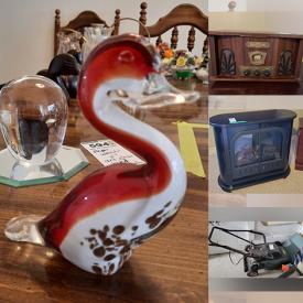 MaxSold Auction: This online auction features art glass, oil lamps, pewter lidded dresser jars, handcrafted wood ducks, teacup/saucer sets, depression glass, vacuums, small kitchen appliances, outdoor furniture, bedroom furniture, hand tools, golf organizer, desk, printer, vinyl records, electric fireplace, vintage books, collector plates, office supplies, yard tools, electric lawnmower and much more!