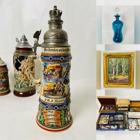 MaxSold Auction: This online auction features Antique German Regimental Beer Stein, Lalique France Plate, Aynsley Pembroke Bone China, Royal Albert Heirloom Bone China, MCM Kluk Kluk Decanter by Holmegaard, Peter Migwans Original Oil on Board Painting, Mats Jonasson Mascot Mini Mask, MCM Rosenthal Holdfast Cut Crystal Designed by Bjorn Wiinblad, Antique R.S. Prussia Chocolate Pot, Oil on Canvas by Ghattas 1964, Estate Jewellery, Purses and Evening Bags, Bose Wave Radio, Records, Art Books and much more.