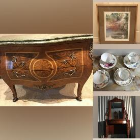 MaxSold Auction: This online auction features grandfather clock, antique pottery, furniture such as rosewood commodes, slipper chairs, pedestal table, and carved vanity, table lamps, collector dolls, collector plates, stamps, Persian rugs, comic books and much more!