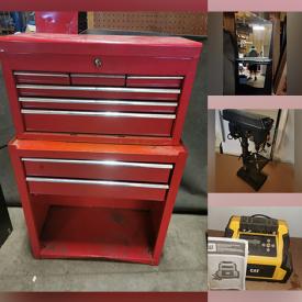 MaxSold Auction: This online auction features a roof rack, fishing rod and tip-ups, storage chest, DeWalt booster pack, ATV starter, truck mirror, cooler bag, tools, air tools, trolling motor, gasket, scroll saw, chop saw, drill press, camping chairs, toolbox, salon station and much more!