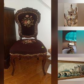 MaxSold Auction: This online auction features silver plate sets, framed art, costume jewelry, furniture such as carved wood settee, side tables, armchairs, antique washstand and sofa, lamps, bakeware, home decor, glassware, Sony speakers and much more!