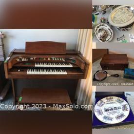 MaxSold Auction: This online auction features furniture, electronics, pingpong table, coffee maker, lamps, piano, organ, DVDs, TV, silverware, bone china, figurines, jewelry box, speaker, shoes, crafting supplies, blankets, vintage trunk and much more!