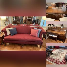 MaxSold Auction: This online auction features furniture such as a chest of drawers, upholstered armchair, loveseat, bedframes, china cabinet, piano, dining table set, buffet, side tables and others, refrigerator, rugs, washer and dryer, bench press, stationary bike, microwave and much more!