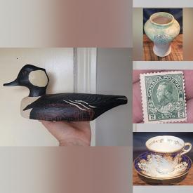 MaxSold Auction: This online auction features art pottery, teacup/saucer sets, stamps, toys, carved duck, jewelry, sports trading cards, art glass and much more!