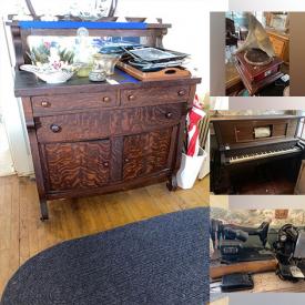 MaxSold Auction: This online auction features furniture such as a drop leaf table, buffet cabinet, shelving units, tables, chairs, Lane chest, Princess Virtuolo player piano and others, Gone with the Wind style lamp and other lamps, lamp parts, shades, clocks, baskets, vintage stuffed toys, dolls and doll furniture, records, vintage cameras, vintage electronics, Singer sewing machine, Coca-Cola bottles, RCA phonographs, model ships, kitchenware, small kitchen appliances, Queen Anne, Belleek and other china, tea sets, porcelain figures, wall art, uranium glass, cobalt blue glass and much more!
