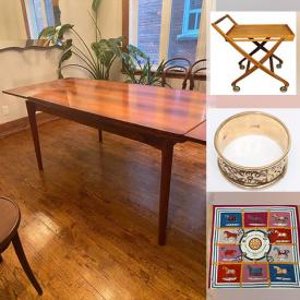 MaxSold Auction: This online auction features MCM teak table, silk scarves, original watercolour, Noritake figurine, jewelry, bronze statue, vintage Florentine trays, art glass, trinket boxes, storage containers, vintage enamel plates and much more!