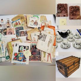 MaxSold Auction: This online auction features an antique step end table, vintage wooden chairs, wicker table, rugs, lithographs and other wall art, Depression glass, colored glass, rugs, antique steam chest, silverplate, stamps, coins, cast iron, Royal Worchester and other china, vintage toys, 1968 Beatles album, Portmeirion baking dishes, vintage Wedgwood, vintage bookends, Reed and Barton cutlery, vintage sewing patterns, Playboy magazines and much more!