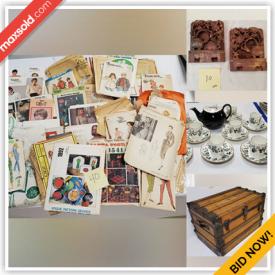 MaxSold Auction: This online auction features an antique step end table, vintage wooden chairs, wicker table, rugs, lithographs and other wall art, Depression glass, colored glass, rugs, antique steam chest, silverplate, stamps, coins, cast iron, Royal Worchester and other china, vintage toys, 1968 Beatles album, Portmeirion baking dishes, vintage Wedgwood, vintage bookends, Reed and Barton cutlery, vintage sewing patterns, Playboy magazines and much more!