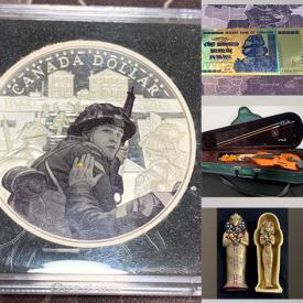 MaxSold Auction: This online auction features porcelain figurine, wooden crates, coins, banknotes, violin, CDs, LPs, EPs, puzzles, trading cards, sterling silver jewelry, mini knights armor figurine, skateboard decks, McDonald toys, Barbie dolls, games and gaming console, camera, medallions and much more.