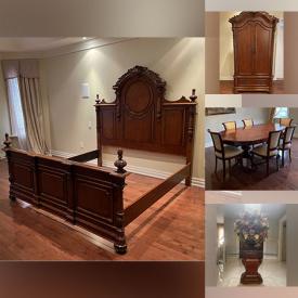 MaxSold Auction: This online auction features walnut bed frame, armoire, hutch, couch, dining set, bedroom set, love seat, sofa, drapes, tufted pedestal seat, chandeliers, porcelain dolls, tv, art work, artificial flower arrangements, carpet, decorative items, glassware, dishes, serving plates and much more.