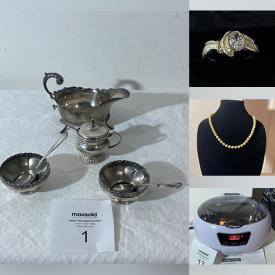 MaxSold Auction: This online features sterling silver condiment servers, sterling candlesticks, sterling silver rings, an ultrasonic jewelry cleaner, a necklace, an ultrasonic skin scrubber, a wireless headset, a cordless rechargeable hair clipper, an eye massager, a telescope and much more!