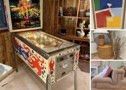 MaxSold Auction: This online auction features Gottlieb\'s Dragon pinball machine, Wurlitzer Spinet piano, signed artwork, brass decor, furniture such as side tables, vintage chairs, vintage modular couch, and dining table with chairs, area rugs, holiday decor, lamps, political memorabilia, gardening supplies, home health aids, Bruno stair lift and much more!