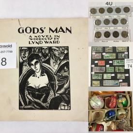 MaxSold Auction: This online auction features a stamp collection, collectible coins, home decor, glassware, candlesticks, Matchbox cars, blow glass ornaments, postcards, jewelry, Ruth Meecham tray, books, vases, Martha Stewart magazines and much more!