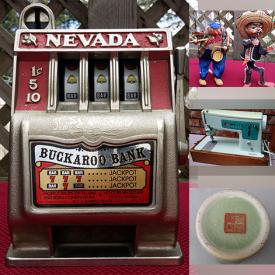 MaxSold Auction: This online auction features a vintage Buckaroo slot machine bank, 1960s sewing machine, 1980s Bombay Co. coffee set, wall art, Vitapur dispenser, Pyrex, stained glass, antique puppets, miniatures, mechanics creeper, signs, games, MCM ceramic dachshund decanter, Noma heater, curio, signed art, Celadon ceramics, vintage stoneware, small kitchen appliances, Playstation headset, wind chimes and much more!