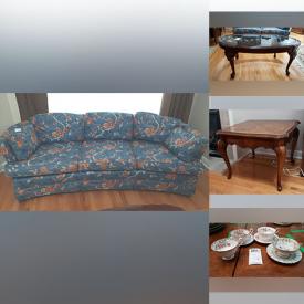 MaxSold Auction: This online auction features curved sofa, violin, Goebel figurines, art glass, Royal Albert & Aynsley china, teacup/saucer sets, Royal Doulton figurine, leather recliner & loveseat, small kitchen appliances, standing mirror, domed clocks, swivel rockers, MCM furniture, garden pots, area rug and much more!