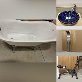 MaxSold Auction: This online auction features shower bases, mirrored wall shelf, wood mirrors, shower doors, wall shelves, granite vanity tops, undermount sinks, tiles, wall storage cabinet, locks, bathtub shields, faucets, Royalwood linen cabinet, exercise machine, shower panel, bathroom accessories, dresser, bar stools, wall art, toilet, clawfoot tub and much more!