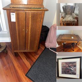 MaxSold Auction: This online auction features antique record player, plant stand and plant, wing back chair, curved frame chairs, antique sewing cabinet, brass candlestick lamp, AY Jackson print, vintage glass vase, coffee table, original water colour, signed untouchables poster, hand painted bowls, display cabinet, stools, Wedgewood Chinaware and much more!