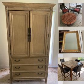 MaxSold Auction: This online auction features with various items such as Councill Armoire, Wicker Chair, Rectangular Rug, Ethan Allen Chair, Allen Ottoman, Gold mirror, Propane Gas Firepit, Ladder, Table Lamp, Oversize Chair, Rectangular Area Rug, Brown Recliner, Outdoor End Table, Bar Height Table, Tea Cup And Saucer and much more.