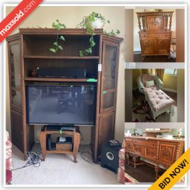 MaxSold Auction: This online auction features furniture such as shelving units, cabinets, chest, wicker lounger, dresser, oak sideboard, oak table, dining chairs, media cabinet, patio furniture. Office desk units, swivel chair, stools and others, seasonal decor, floral decor, refrigerator, portable heater, fireplace, terra cotta bird bath, wall art, luggage, electronics, office supplies, books, rugs, serving ware, small kitchen appliances, Kosta Boda, mirror, sewing machine and supplies, BBQ grill, lamps, linens and much more!