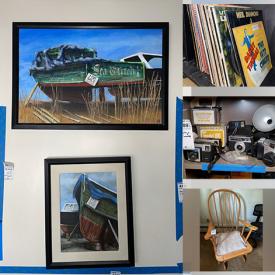 MaxSold Auction: This online auction features signed original acrylics and mixed media art, fine china, sterling silver, gardening supplies, furniture such as MCM style chairs, dining table, and MCM sofa, MCM barware, dishware, vinyl albums, easels, vintage cameras, books, art supplies and much more!
