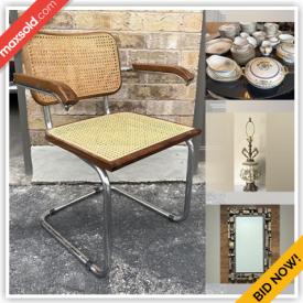 MaxSold Auction: This online auction features an MCM Marcel Breuer Cesca armchair, vintage TV trays, vintage Moorcroft, Rosenthal, Royal Doulton, Wedgwood and other china, silverplate, wall art, Leaf\'s memorabilia, signed sculptures, vintage Art Deco toaster, cut glass, vintage brass figurines, ceramics, vinyl records, vintage coffee grinder, vintage Pyrex and other kitchenware, lamps, vases, accessories, wall art, Shortland Smiths barometer, pewter shot glasses, vintage Syroco Brutalist mirror, MCM wire stereo stand and much more!