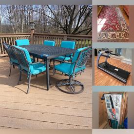 MaxSold Auction: This online auction features patio furniture, fire pit table, Weber grill, leather couch, area rugs, corner desk, printer, Fiestaware, small kitchen appliances, snow blowers, blowup kayak, treadmill, video game system, yard tools, golf clubs, buffet bar cabinet and much more!