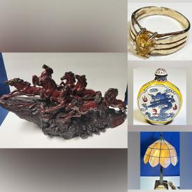 MaxSold Auction: This online auction features gold & silver jewelry, costume jewelry, watches, Cloisonne perfume bottles, art glass, studio pottery, teacup/saucer set, vintage totem pole, decanters, stained glass lamps, Vintage Hoselton, vintage panel mantel decor, camera & lens and much more!