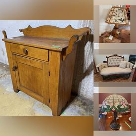 MaxSold Auction: This online auction features wooden washstand, wooden chest, oil lamps, needlepoint fire screen, mantle clock, antique settee, vintage vanity mirror, sterling silver vanity set, Asian stone figures, leaded glass shade table lamp, La-Z-Boy recliners, area rug and much more!