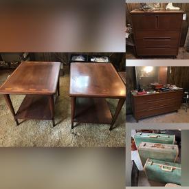 MaxSold Auction: This online auction features furniture such as bookcases, trunk, MCM table, Kroehler dresser, cedar hope chest, tables, card table and others, Corningware, Franciscan earthenware, Pyrex, Copco mugs, kitchenware, small kitchen appliances, vinyl records, wooden boxes, VHS, CDs, books, board games, decorative plates, seasonal decor, Effanbee figures, Disney watches, sewing machine and notions, Madame Alexander dolls, suitcases, baskets, bags, electronics, Plasticville train village, figurines and much more!