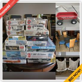 MaxSold Auction: This online auction features furniture such as a boat decor shelf, slingback chairs, granite coffee table, loveseats, bar cabinet, desks, king-size bed frame, armoire, chaise lounge, Broyhill recliner, folding tables, stacking chairs and others, die-cast toy cars, plastic model kits, movies, seasonal dinnerware, clocks, Radio Flyer wagon, luggage, fans, space heater, home health aids, books, Ridgid portable saw, kitchen range hood and much more!
