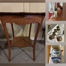 MaxSold Auction: This online auction features framed art, collector plates, antique china, crystal ware, furniture such as antique oak dresser, vintage wood armoires, shelving units, sofa table, antique tea cart, and club chairs, and antique lamps, ceramics, home decor and much more!