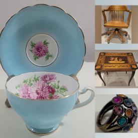 MaxSold Auction: This online auction features vintage fine china, vintage hat pins, new cosmetics, new patio chair cushions, vintage side chair, marquetry table, costume jewelry, glassware, art glass and much more!