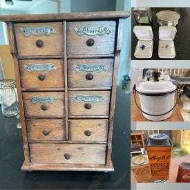MaxSold Auction: This online auction features antiques such as advertising, glassware, shelving unit, French school desk, tools, and tins, stoneware, Steiff, country store boxes, framed paintings, holiday decor, 925 sterling jewelry and much more!